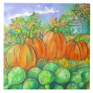 Country Home Pumpkin Patch Autumn Trees Ceramic Tile